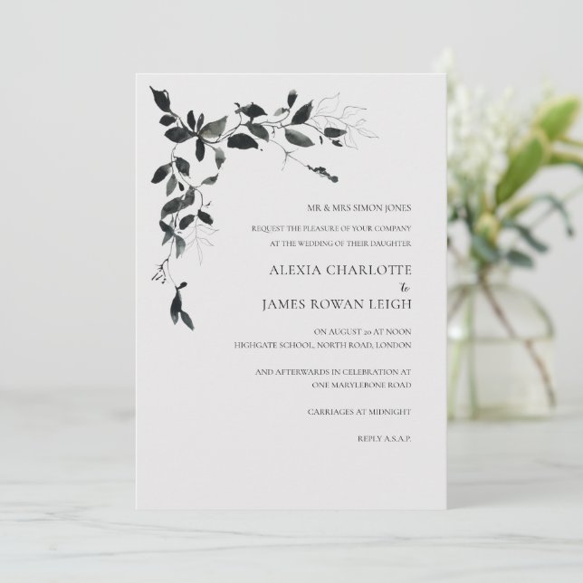 Modern Black and White Flower Wedding Invitation  (Standing Front)