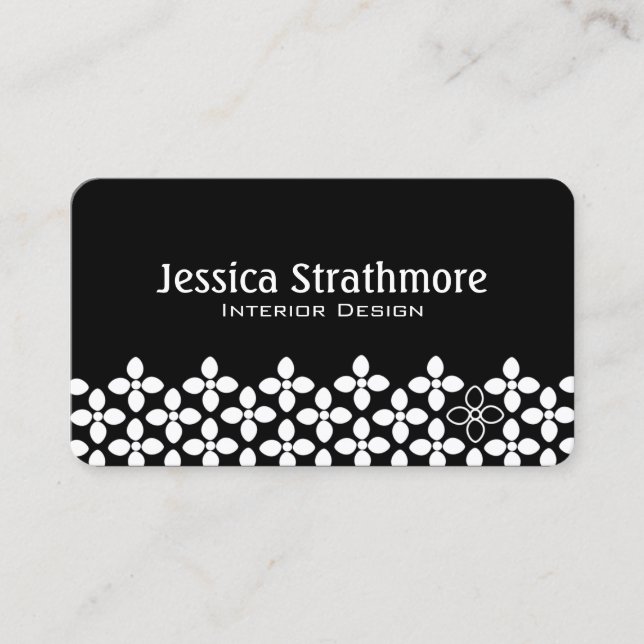 Modern Black and White Flowers Pattern Business Card (Front)