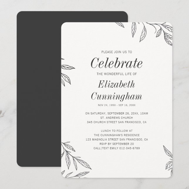 Modern Black and White Foliage Memorial Invitation (Front/Back)