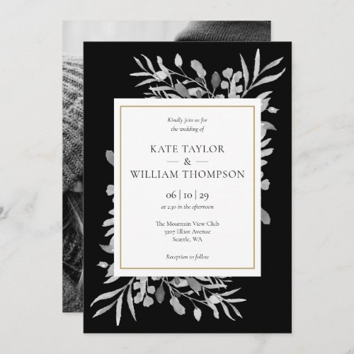 Modern Black And White Foliage Photo Wedding Invitation