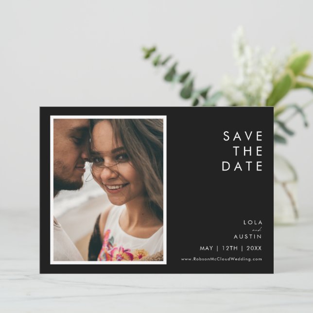 Modern Black and White Font Photo Horizontal Save The Date (Standing Front)