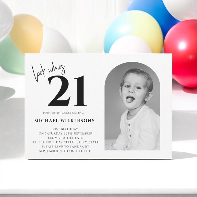 modern black and white for men 21st birthday  invitation (FUN 21ST BIRTHDAY INVITATION WITH PHOTO , FULLY EDITABLE )