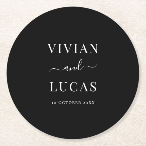 Modern Black and White Formal Minimal Wedding Round Paper Coaster
