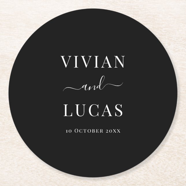 Modern Black and White Formal Minimal Wedding Round Paper Coaster (Front)
