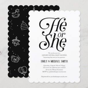 Modern, Black and White, Gender Reveal, He or She Invitation