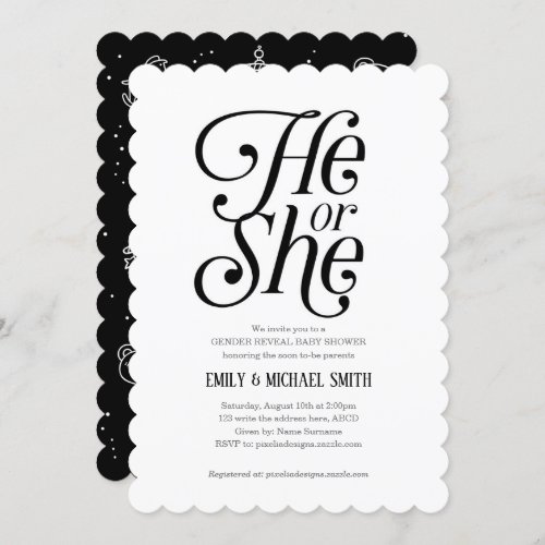 Modern Black and White Gender Reveal He or She Invitation