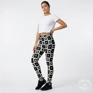 Modern Black and White Geometric Checkerboard Leggings