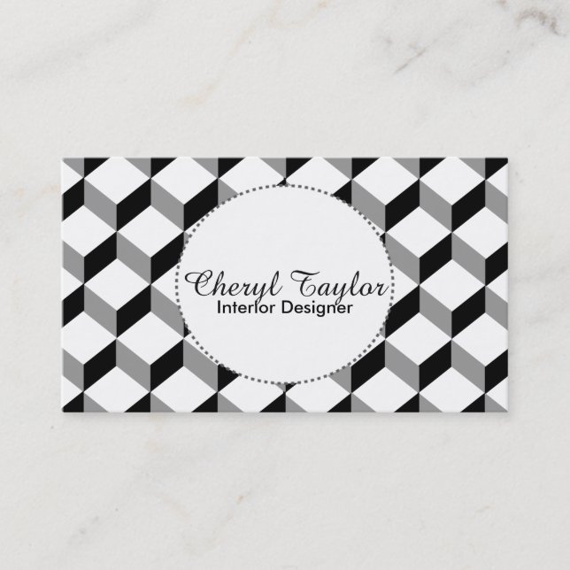 Modern Black and White Geometric Cube Patterned Business Card (Front)