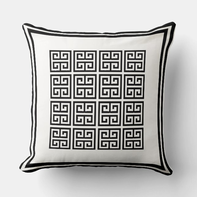 Modern Black and white Geometric Greek key Pattern Throw Pillow (Front)