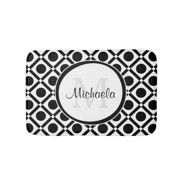 Modern Black and White Geometric Monogram and Name Bathroom Mat (Front)