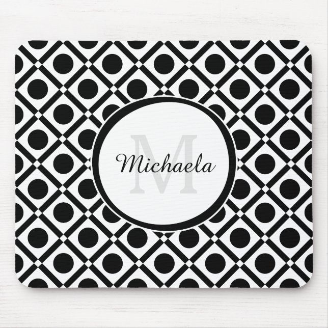 Modern Black and White Geometric Monogram and Name Mouse Pad (Front)