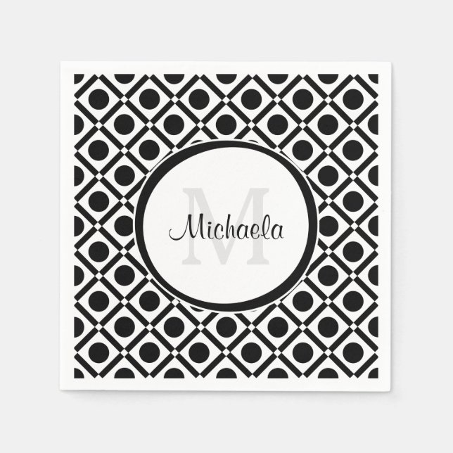 Modern Black and White Geometric Monogram and Name Paper Napkins (Front)