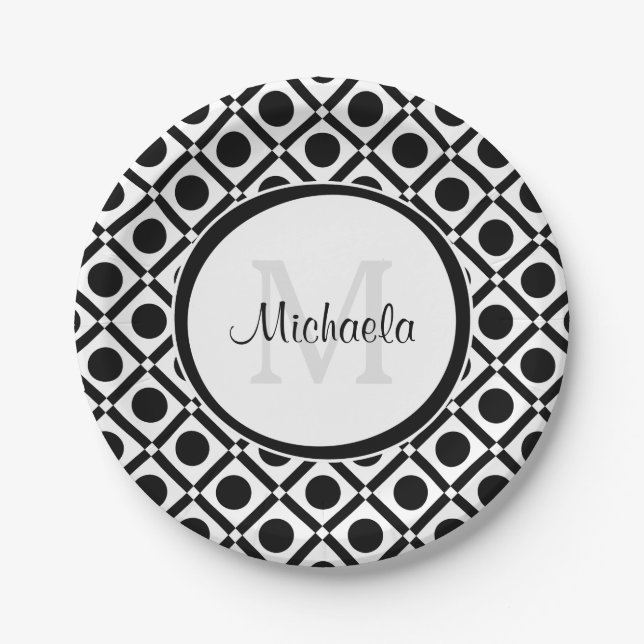Modern Black and White Geometric Monogram and Name Paper Plates (Front)