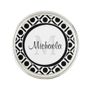 Modern Black and White Geometric Monogram and Name Pin