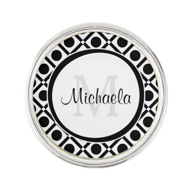 Modern Black and White Geometric Monogram and Name Pin (Front)