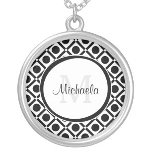 Modern Black and White Geometric Monogram and Name Silver Plated Necklace