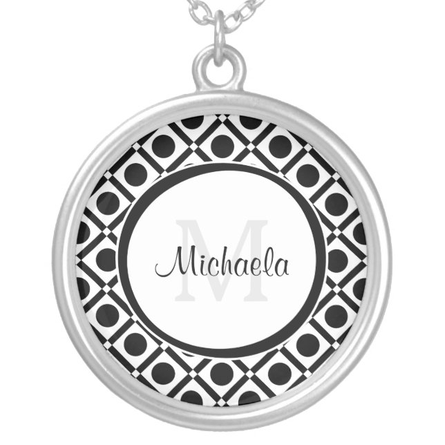 Modern Black and White Geometric Monogram and Name Silver Plated Necklace (Front)