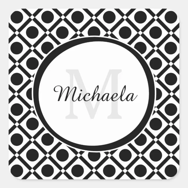 Square Name Monogram Modern Black and White Geometric Monogram and Name Square Sticker | Zazzle