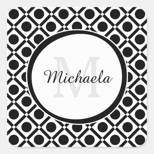 Modern Black and White Geometric Monogram and Name Square Sticker (Front)