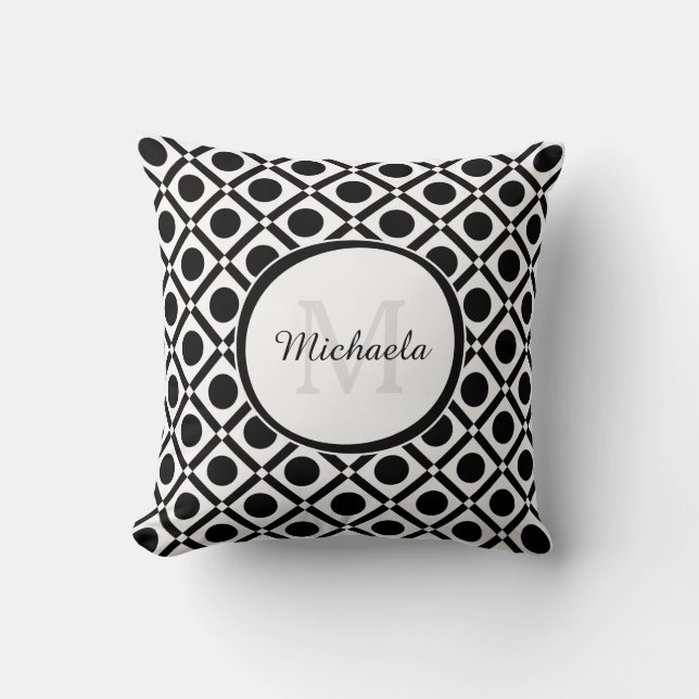 Modern Black and White Geometric Monogram and Name Throw Pillow (Front)