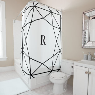 Modern Black and White Geometric   Monogram Shower Curtain
