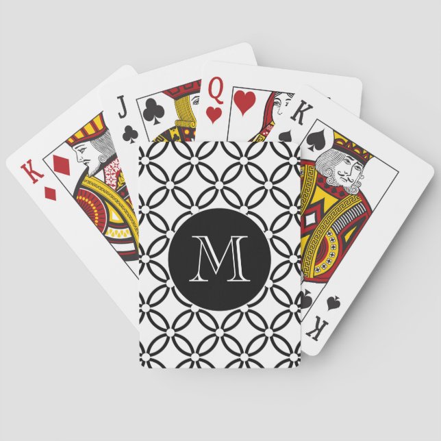 Modern Black and White Geometric Pattern Monogram Poker Cards (Back)