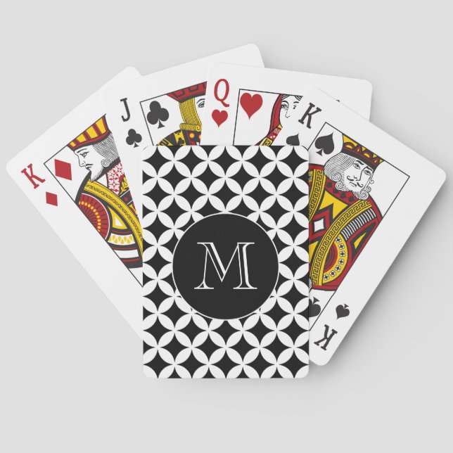 Modern Black and White Geometric Pattern Monogram Poker Cards (Back)
