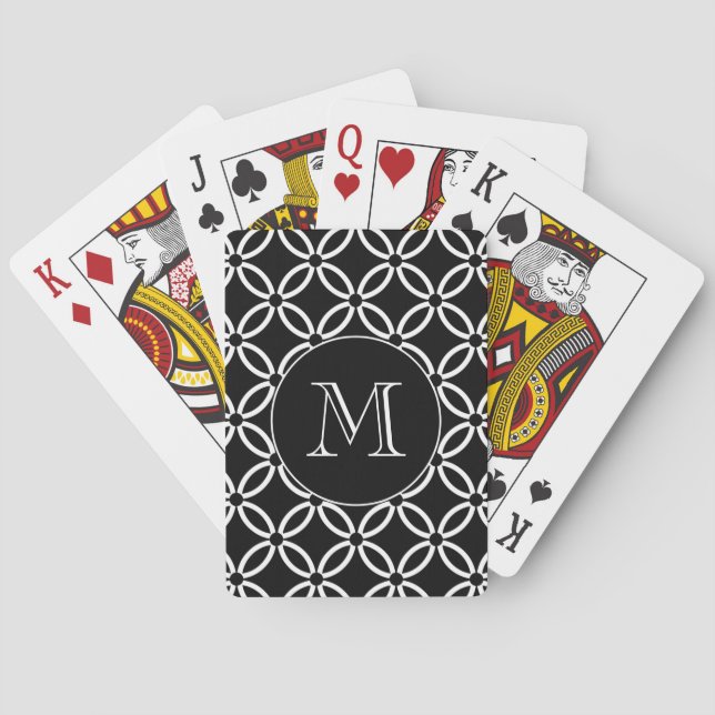 Modern Black and White Geometric Pattern Monogram Poker Cards (Back)