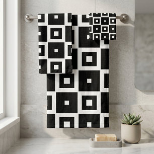 Modern Black and White Geometric Squares Pattern Bath Towel Set