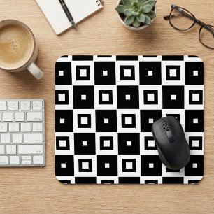 Modern Black and White Geometric Squares Pattern Mouse Pad