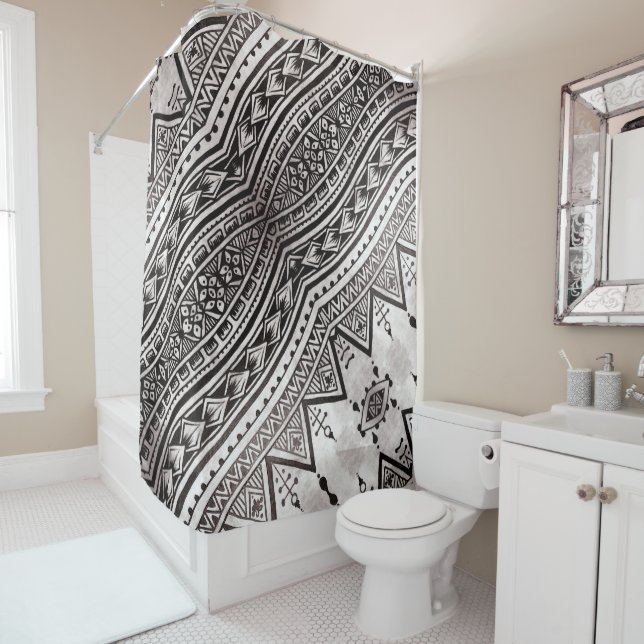 Modern Black and White Geometric Tribal Pattern Shower Curtain (In Situ)