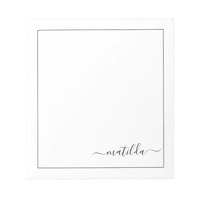 Modern Black and White Girly Script Name  Notepad (Front)