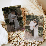 Modern Black and White Gold Border Photo Wedding Invitation<br><div class="desc">This elegant Wedding Invitation features a sweeping script calligraphy text paired with a classy serif & modern sans font in white,  with a photo overlay on the front and a second photo on the back with a customizable monogram. Matching items available.</div>