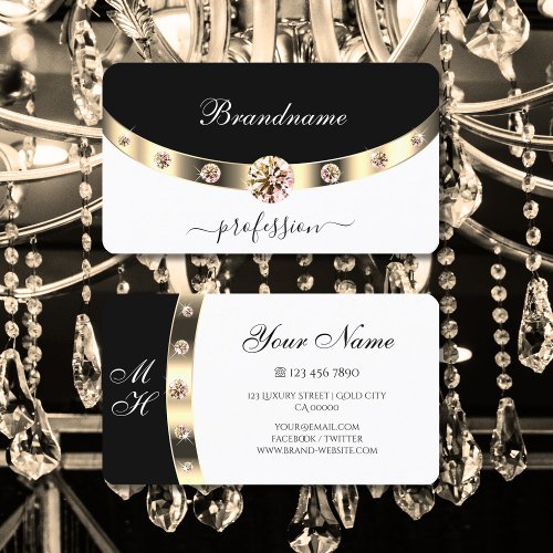 Modern Black and White Gold Sparkling Rhinestones Business Card