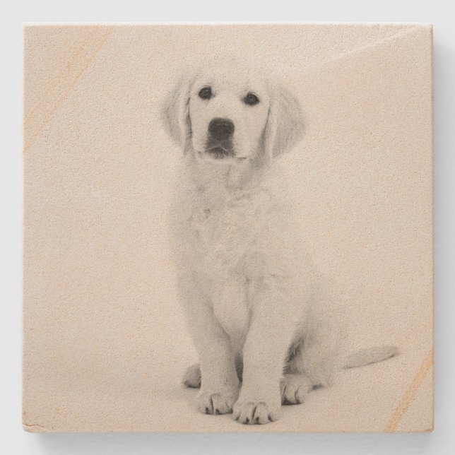 Modern black and white Golden Retriever Stone Coaster (Front)