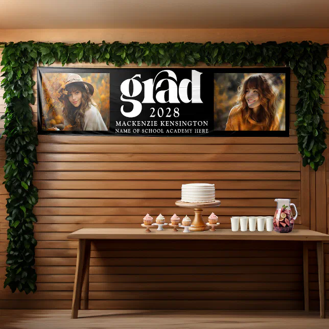Modern Black and White Graduation 2 Photo Long Banner | Zazzle