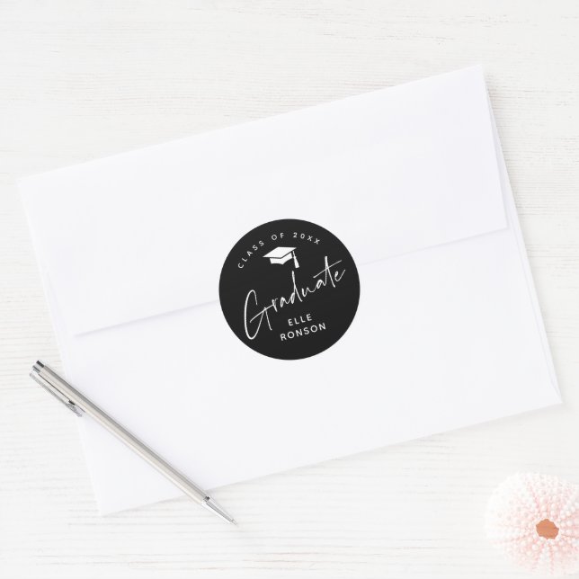 Modern Black and White Graduation Classic Round Sticker (Envelope)