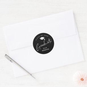 Modern Black and White Graduation Return Address Classic Round Sticker