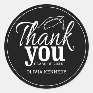 Modern Black And White Graduation Thank You Classic Round Sticker