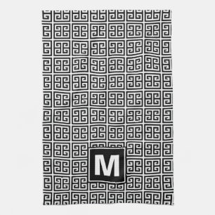 Modern Black and White Greek Key Monogram Kitchen Towel