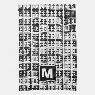 Modern Black and White Greek Key Monogram Kitchen Towel