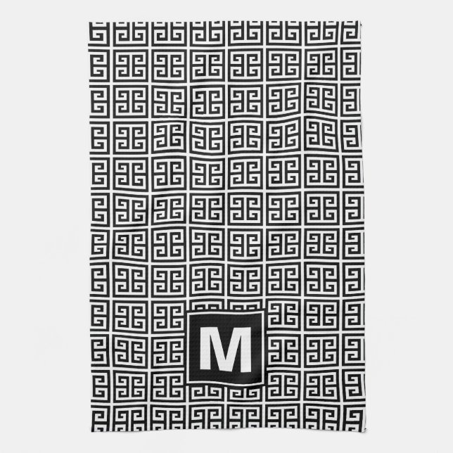 Modern Black and White Greek Key Monogram Kitchen Towel (Vertical)