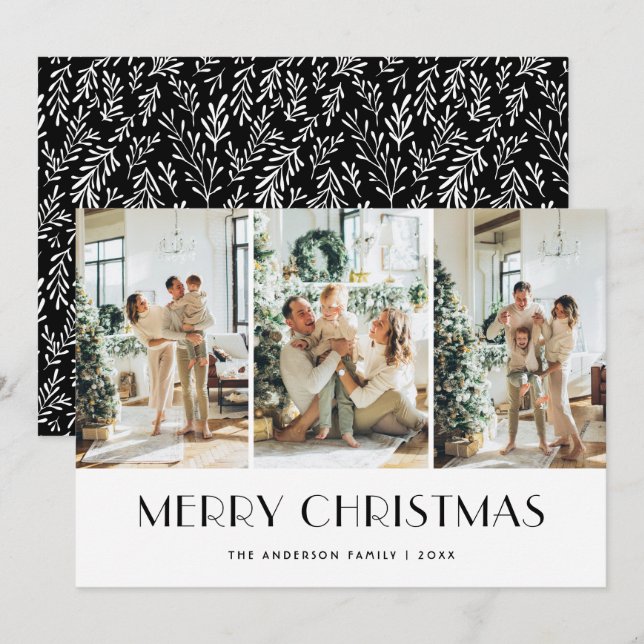 Modern Black and White Greenery Photo Collage Holiday Card (Front/Back)
