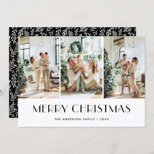 Modern Black and White Greenery Photo Collage Holiday Card