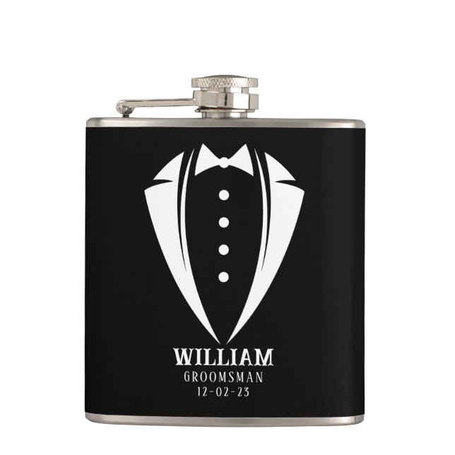 Modern Black and White Groomsman Gift Flask (Front)