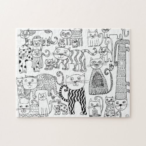 Modern Black and White Hand Drawn Cats Pattern  Jigsaw Puzzle