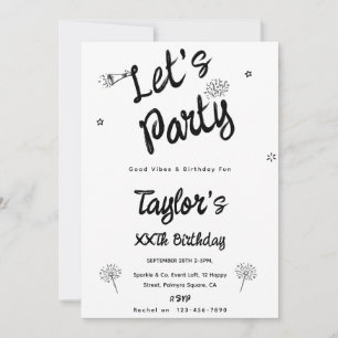 Modern Black and White Hand Drawn Party Birthday Invitation