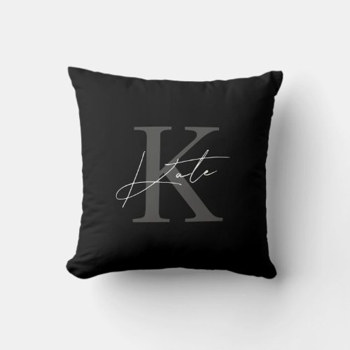 Modern Black and White Hand Script Monogram Throw Pillow