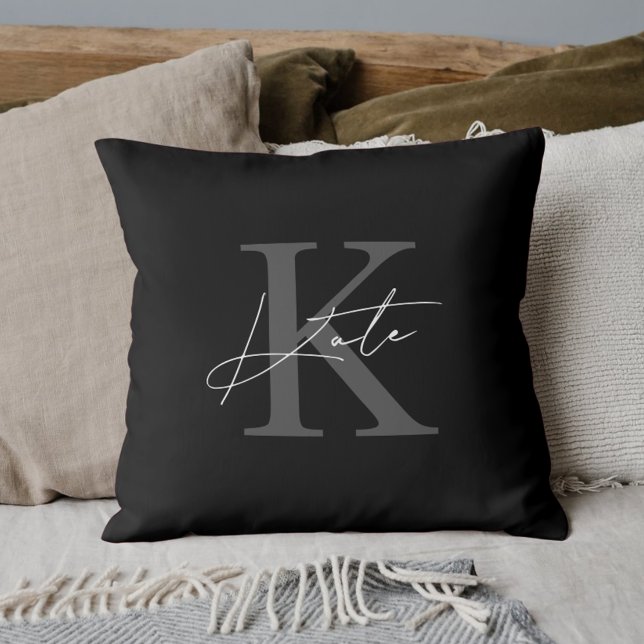 Modern Black and White Hand Script Monogram Throw Pillow (Creator Uploaded)