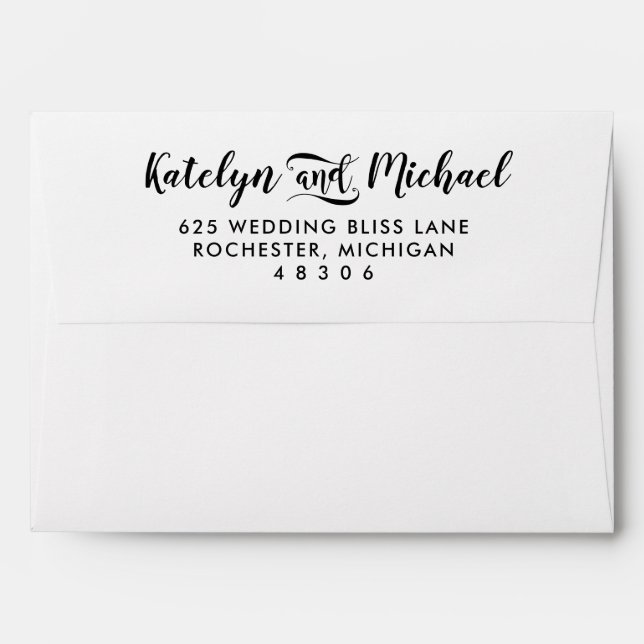 Modern Black and White Handwritten Script Wedding Envelope (Back (Top Flap))